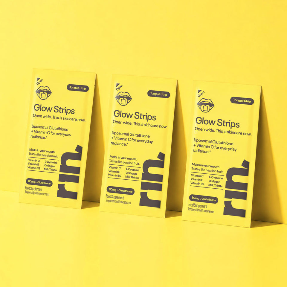 Pack shot of three RIN Glow Strips against a yellow background.
