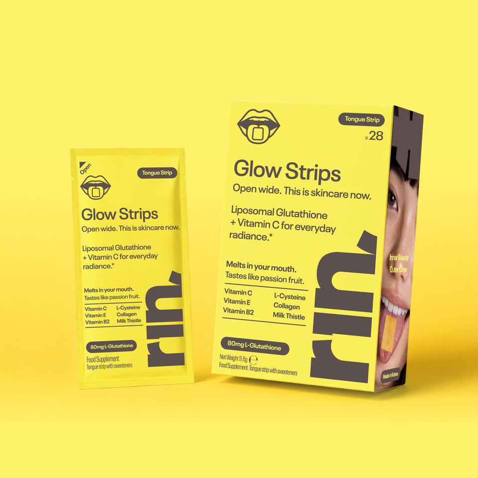 RIN Glow Strips single sachet and 28-strip box displayed against a bright yellow background.