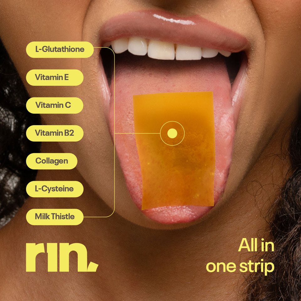 RIN Glow Strip placed on the tongue with callouts for glutathione, vitamins, collagen, L-cysteine and milk thistle.